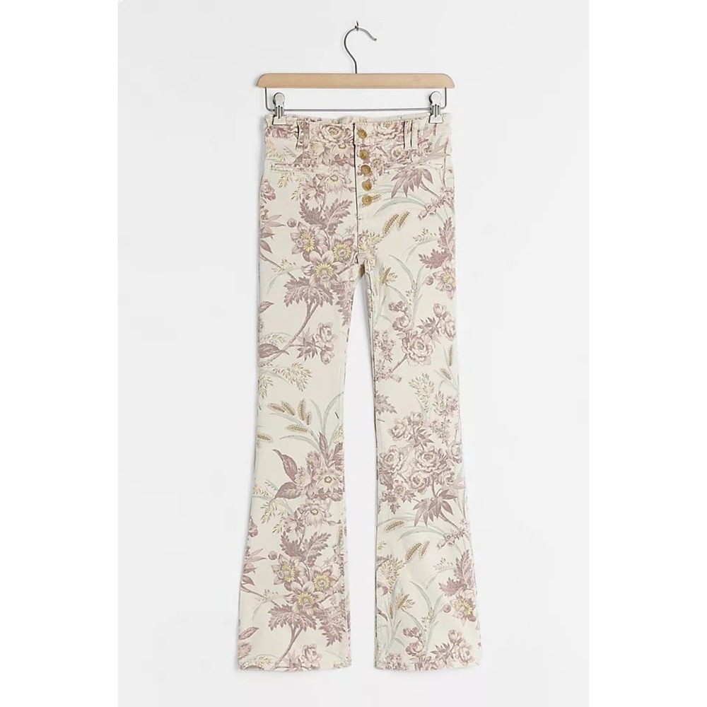 Pilcro Anthropologie High Rise Trouser Bootcut Floral Pants Cream Mauve Size 25